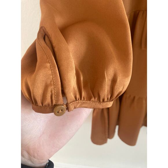 Banana Republic Satin Tiered Swing Dress Rust Gold Caramel Boho Silky Flowy S - Picture 6 of 8